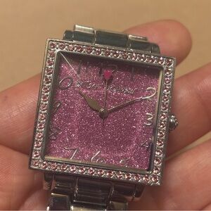 Betsey Johnson Crystal Rhinestone Pink Glitter Heart Watch